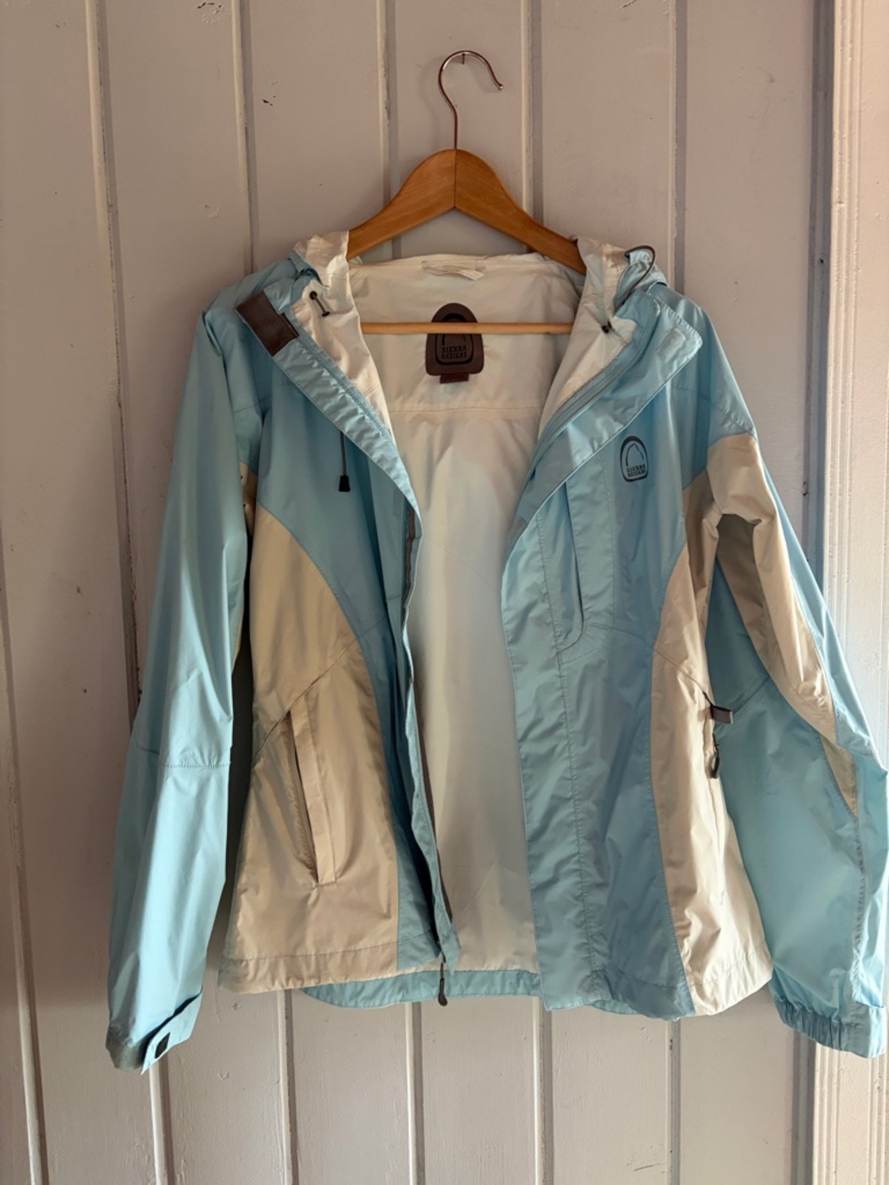 Light Blue and Cream Women's Ski Jacket with Hood